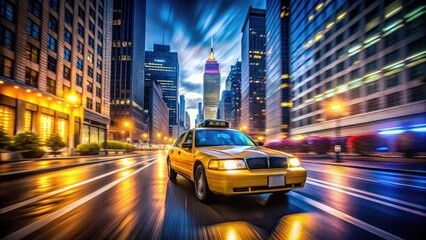 Yellow cab with bright headlights and illuminated roof sign speeds down city street at night, blurring lights of towering skyscrapers in its wake.