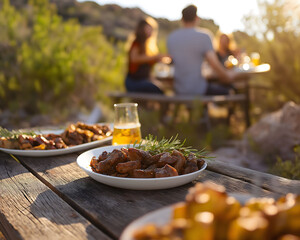 a man holding a bowl of meat on a grill