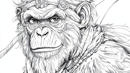 Obraz premium Close-up Line Drawing of a Chimpanzee with Headband and Necklace
