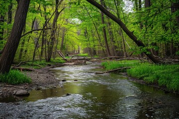 Obraz premium Serene Creek Flowing Through Lush Green Forest