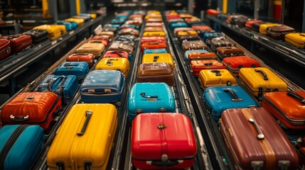 A traveler's joyous reaction upon finding their suitcase amidst a sea of luggage on the conveyor belt, the terminal buzzes with movement and sound