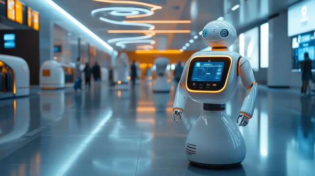 A visionary baggage claim system with advanced AI robots helping travelers, immersive holographic displays showing real-time data, in a bright, modern space