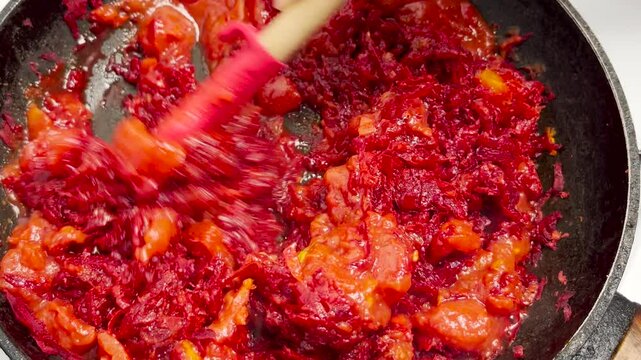 Carrots and beets are stewed in a pan. Part of making borscht, a traditional Ukrainian dish. Cooking concept.