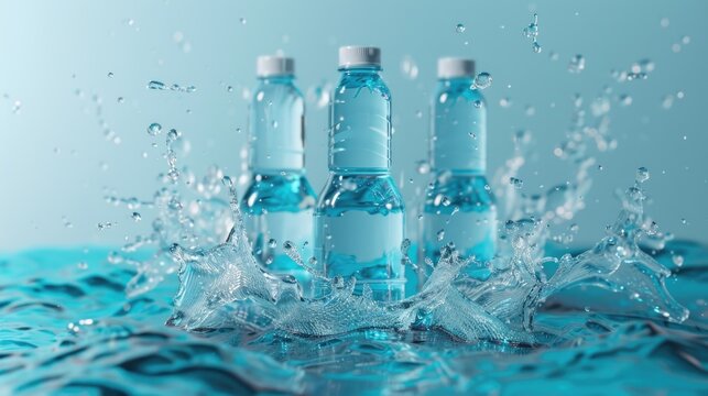 Blue liquid splash from water bottles on a surface