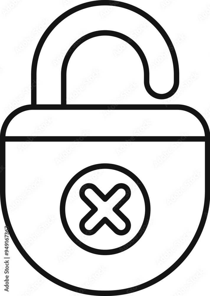 Poster line icon of an open padlock with a cross sign, representing a security issue or a system error