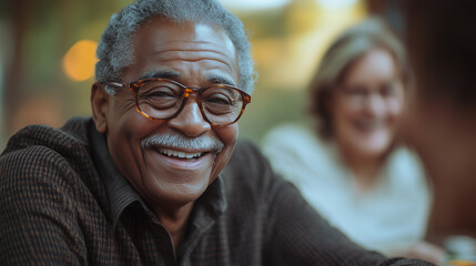 Group of seniors enjoying a board game night, laughing and chatting around a table.