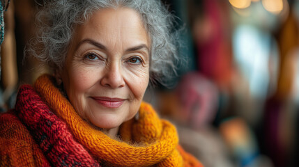 Older woman attending a knitting circle, sharing patterns and techniques with friends.