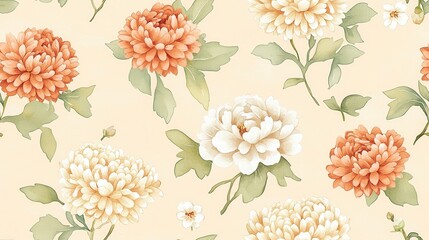 Delicate floral pattern featuring chrysanthemums in soft peach and cream hues against a light background, perfect for elegant designs.