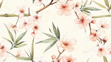 Delicate floral pattern featuring soft pink flowers and bamboo leaves on a light background, ideal for elegant design projects.