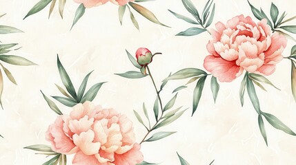 Delicate floral pattern featuring soft pink peonies and green leaves on a light background, perfect for elegant design projects.