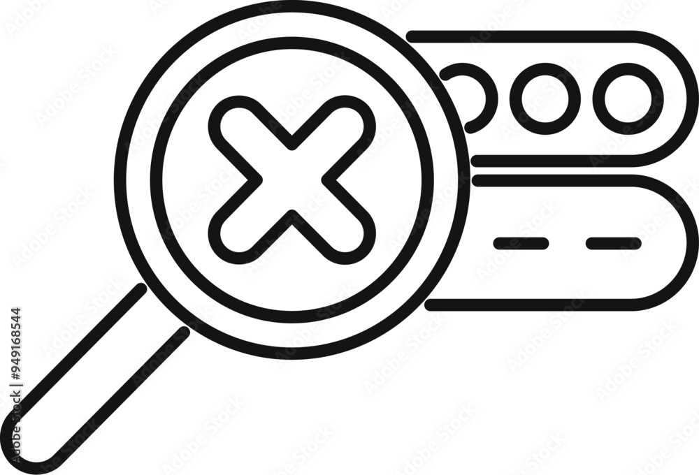 Poster simple vector icon representing a magnifying glass showing a cross mark, detecting a database error