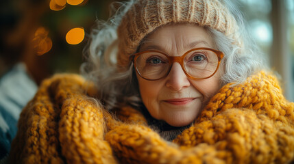 Senior woman knitting a cozy blanket, her needles clicking softly in a sunny corner.