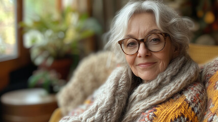 Senior woman knitting a cozy blanket, her needles clicking softly in a sunny corner.