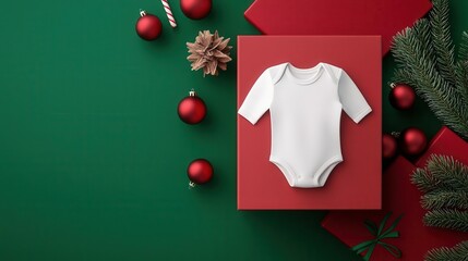 Baby bodysuit on gift box, red and green holiday decor, mockup, 3D illustration