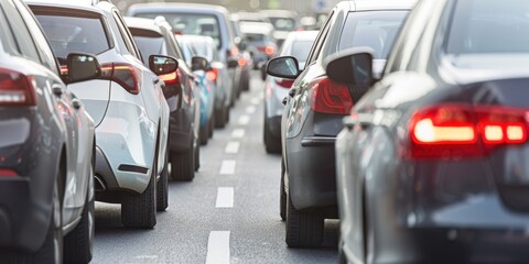 a long line of cars stuck in a traffic jam, with drivers looking exasperated and horns blaring