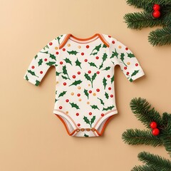 Baby bodysuit, twinkling lights and holly leaves, Christmas mockup, 3D illustration
