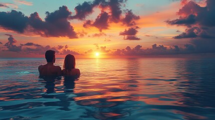 Couple Silhouetted in Ocean During Sunset