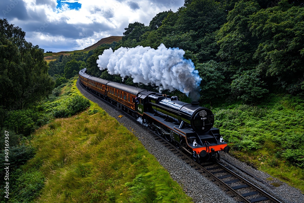 Aufkleber Steam train navigating a sharp curve, captured in a photo where the trainâ€™s length is visible as it bends around a tight corner, showing its power and agility