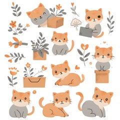 set icon of cute cat character poses scene in pastel colors, white background, vector art illustration 