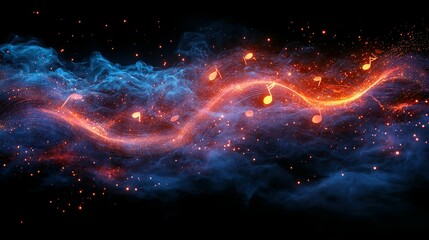 Abstract Red and Blue Music Notes with Smoke and Sparks