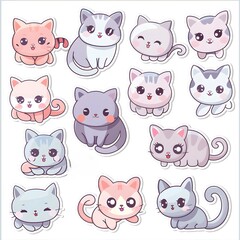 set icon of cute cat character poses scene in pastel colors, white background, vector art illustration 