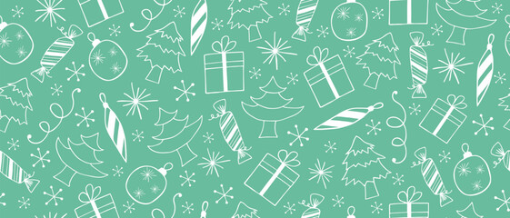 Merry Christmas, Happy New Year, seamless background. Christmas doodle illustration on green background.