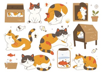 set icon of cute cat character poses scene in pastel colors, white background, vector art illustration 