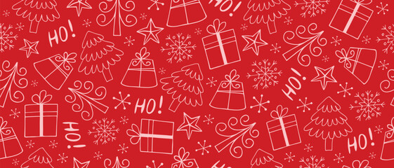 Christmas and New Year doodle elements, seamless pattern, on red background.