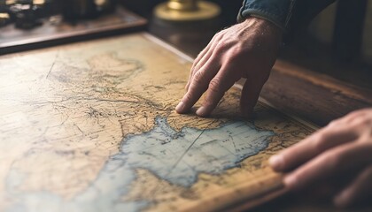 Obraz premium Hand Tracing an Antique Map of a Coastal Region