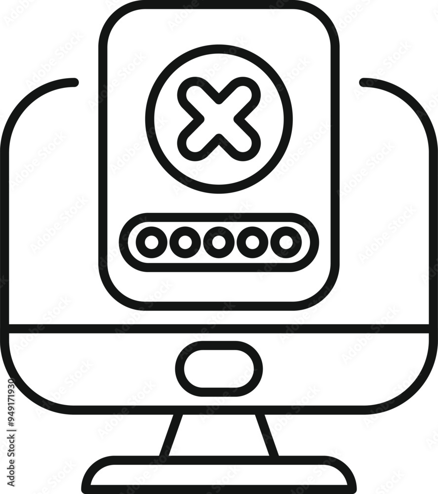 Poster line art icon of a computer monitor displaying a wrong password notification, emphasizing online sec