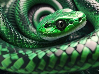 Fototapeta premium Green snake reptile luminous in soft lighting.