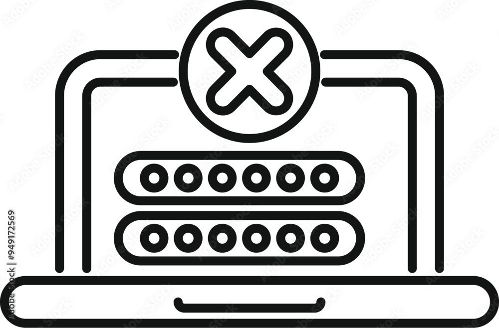 Poster line vector icon of a laptop showing a wrong password notification with a cross mark icon