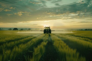 Fototapeta premium Agricultural scene with tractor spraying wheat field at sunset