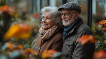 Fototapeta premium Senior couple visiting a botanical garden, taking a leisurely stroll among the plants.
