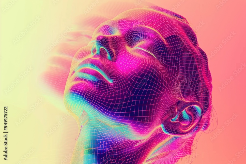 Poster a close-up of a woman's face with a grid pattern superimposed over her features