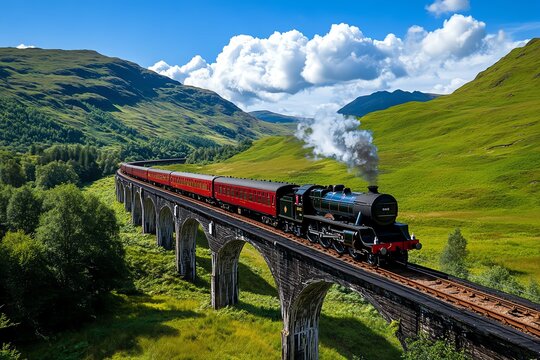 Steam train on a trestle bridge, depicted in an artwork where the train crosses a high, narrow bridge, with the landscape stretching out far below