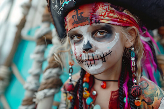 Girl Pirate Costume for Halloween Parties and Carnival Festivities with Colorful Homemade Attire for Fun Scares and Treats