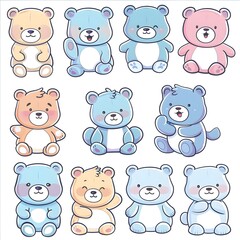 Obraz premium set icon of cute Bear teddy character poses scene in pastel colors, white background, vector art illustration