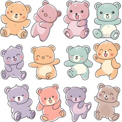 Obraz premium set icon of cute Bear teddy character poses scene in pastel colors, white background, vector art illustration