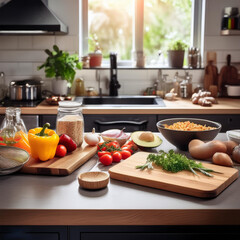 Cooking Prep Scene- A kitchen table with ingredients, a cutting board, and kitchen utensils,