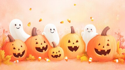Adorable pumpkins with cute faces, candy corn, and smiling ghosts in a soft pastel background