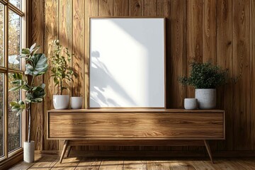 Poster Frame Mockup on Wooden Interior Background created with Generative AI
