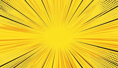 Obraz premium Yellow Comic Book Background with Radial Lines and Halftone Dots