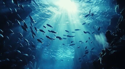 A School of Fish Swimming Toward a Bright Sunbeam in the Ocean