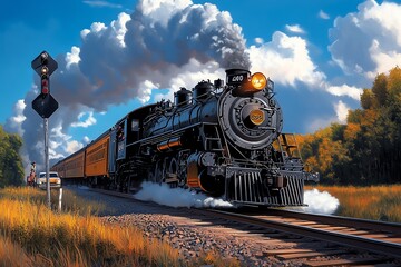 Obraz premium Steam train passing through a rural crossing, depicted in an artwork where the trainâ€™s arrival is anticipated by a waiting car or a farmer in the distance, adding a touch of daily life
