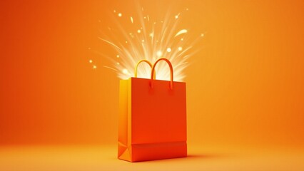 Illuminated Shopping Bag Surprise,  A bright orange shopping bag with a handle stands open against an equally vibrant orange background. A brilliant light emanates from within.