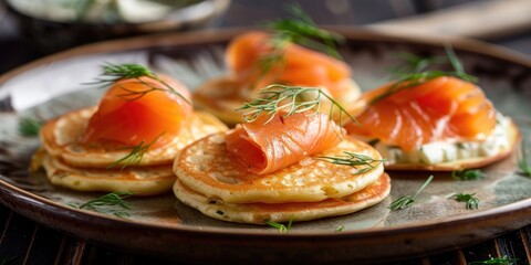Mini blini pancakes with creamy cheese chilled smoked salmon and fresh dill