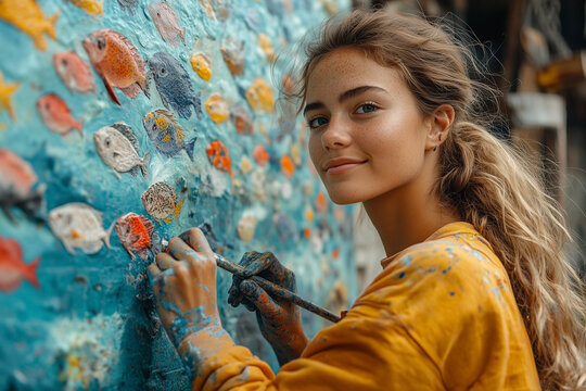 An artist painting a mural to raise awareness about the importance of protecting marine life and oceans.