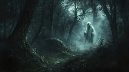 Fototapeta premium Dark Halloween folklore art, eerie forest, ghostly apparitions, old folklore tales, haunting vibe