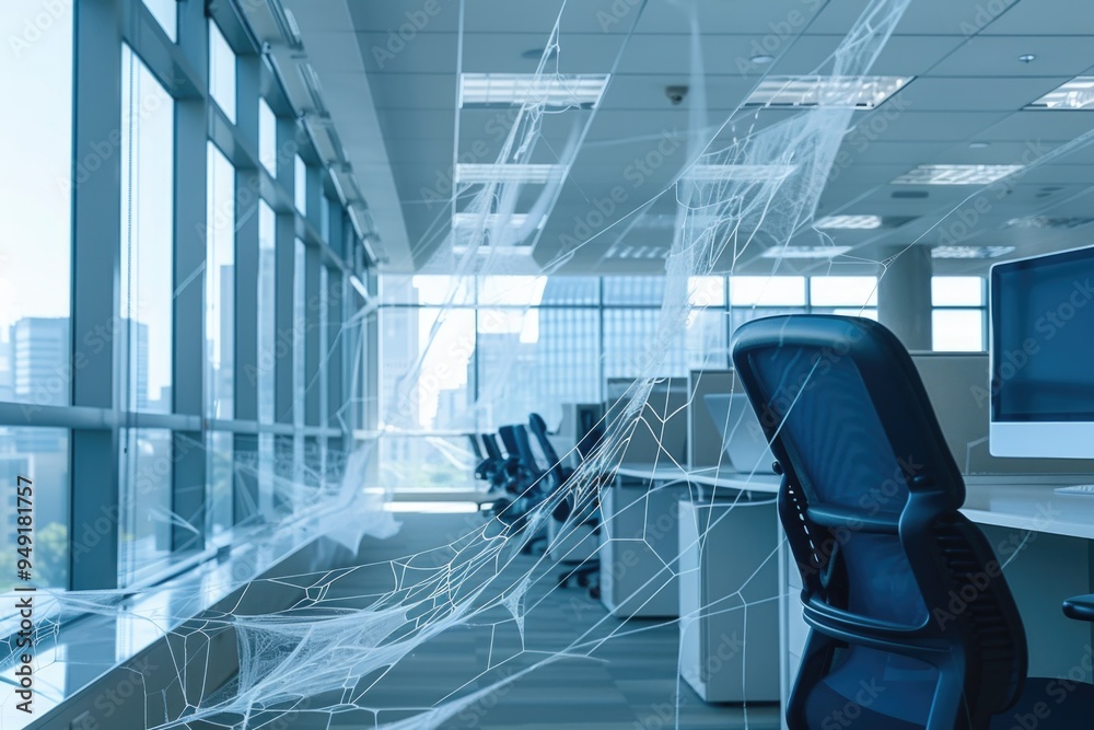 Poster a computer desk with a monitor surrounded by a spider web, perfect for halloween or horror-themed de